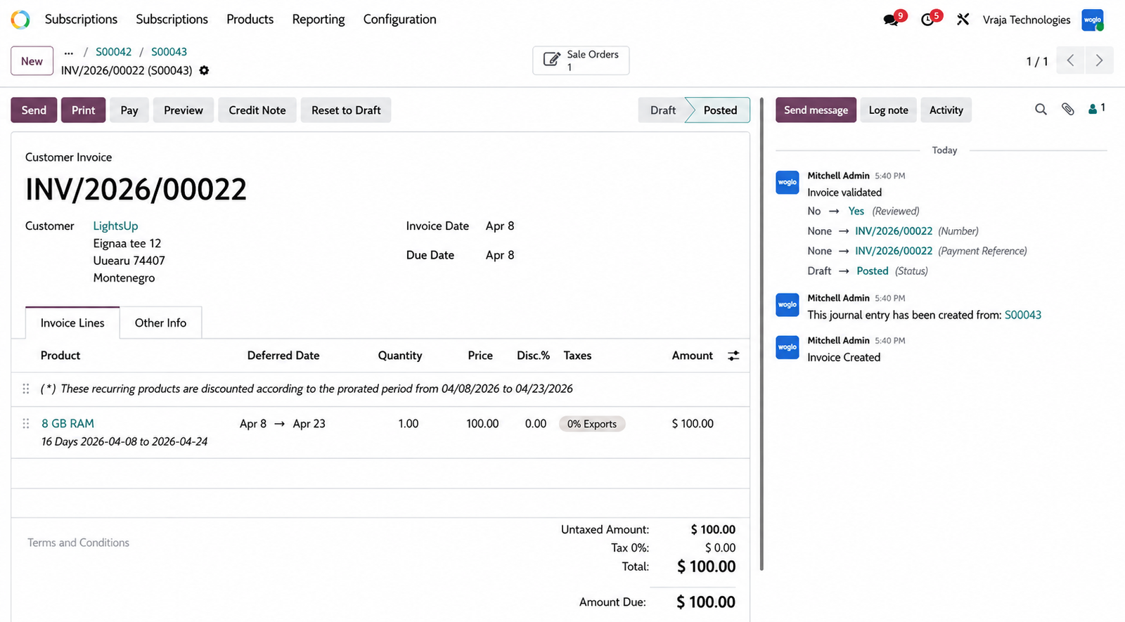 Confirm the order and generate a prorated invoice