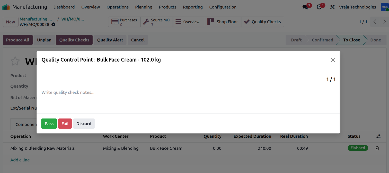 In Process Quality Control in Odoo