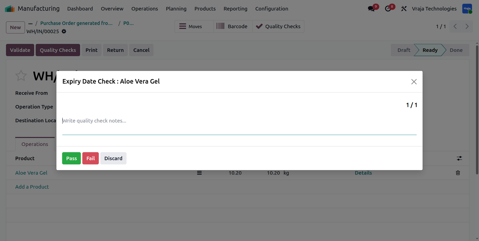 Incoming Raw Material Quality Check in Odoo